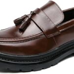 Men's Leather Tassel Platform Slip on Loafers Luxury Round Toe Lug Sole Non-Slip Dress Shoes Casual Low Block Heel Business Work Office Shoes