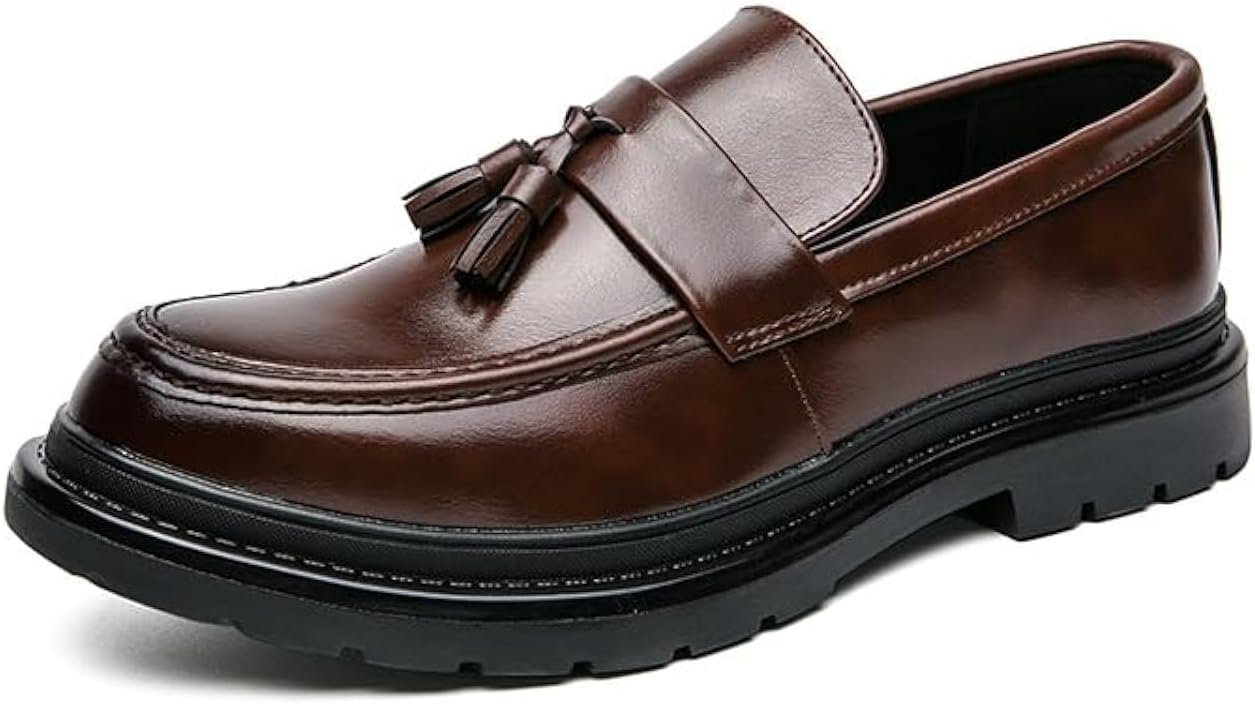61FjR2DnqL._AC_SL1500_.jpg Men's Leather Tassel Platform Slip on Loafers Luxury Round Toe Lug Sole Non-Slip Dress Shoes Casual Low Block Heel Business Work Office Shoes - Image 1