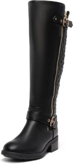 Women's Knee High Boots Low Block Heel Riding Boots Round Toe Side Zipper Biker Motorcycle Buckle Boots