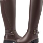 Women's Stretch Knee High Boots Low Block Heel Buckle Strap Classic Riding Boots Ladies Side Zip Elastic Casual Fashion Winter Boots