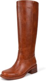 Platform Knee High Boots for Women Square Toe Chunky Block Low Heel Long Boots Wide Calf Riding Boots Pull on Tall Boots
