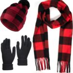 Winter Buffalo Plaid Hat Scarf and Gloves Set for Women Gifts