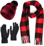 Winter Buffalo Plaid Hat Scarf and Gloves Set for Women Gifts
