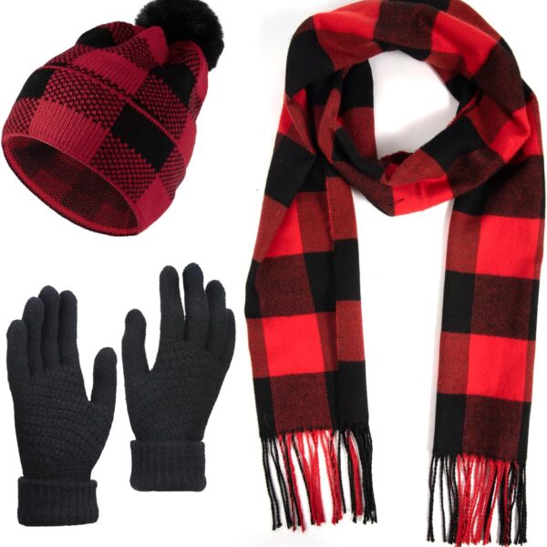 Winter Buffalo Plaid Hat Scarf and Gloves Set for Women Gifts