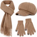 Women Newsboy Hat Gloves Scarf Set Thick Warm Beret Cap