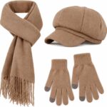 Women Newsboy Hat Gloves Scarf Set Thick Warm Beret Cap
