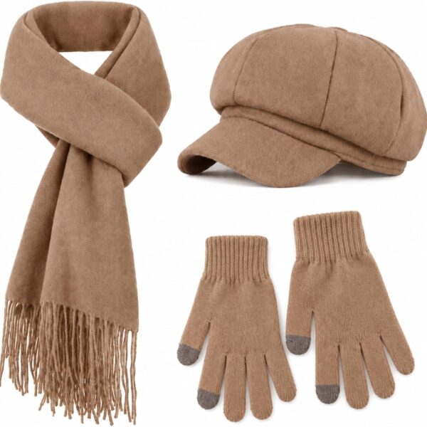Women Newsboy Hat Gloves Scarf Set Thick Warm Beret Cap