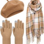 3 Pcs Winter Beret Hat Scarf Gloves Set for Women Warm Gift