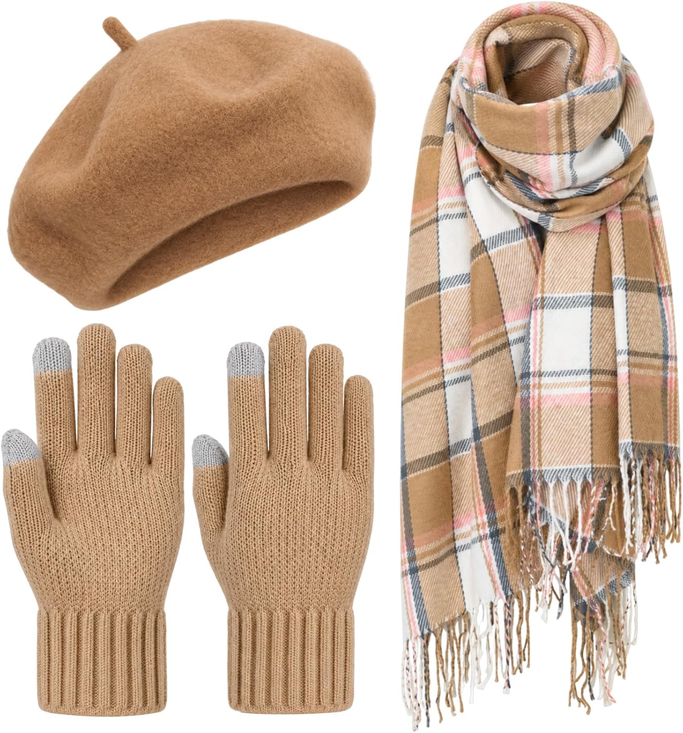 81-mmj5HVEL._AC_SL1500_.jpg 3 Pcs Winter Beret Hat Scarf Gloves Set for Women Warm Gift - Image 1